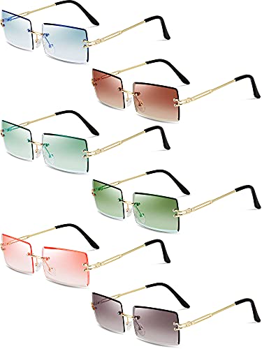 6 Pairs Rimless Rectangle Sunglasses Tinted Rimless Eyewear Vintage Transparent Rectangle Glasses For Women Men #TOP25