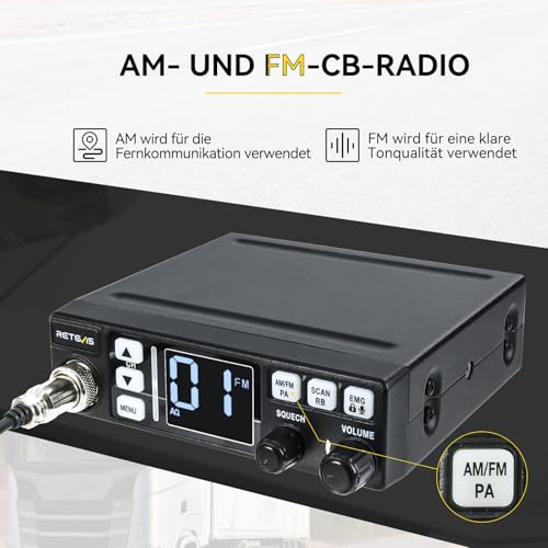 Retevis MB63 CB Funkgerät mit Antenne, CB Handfunkgerät AM/FM, EMG CH9/19, PA Anlage, ANL, LCD Display, VOX für Auto (1 Stück,Schwarz)