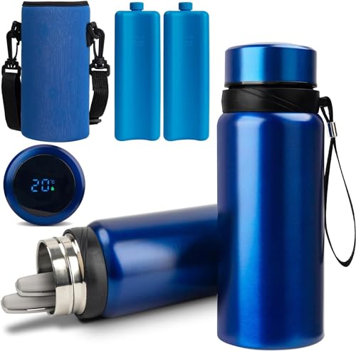 Omoojee Insulin Pens Cooler Travel Case, TSA Approved Temp Display Medicine Cooler with 2 Biogel Ice Pack, Diabetic Insulin EpiPen Carry Case (Blue, Large)