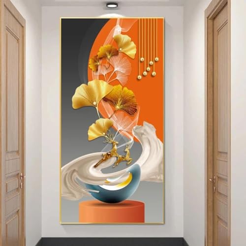 Affiches imprimées pour salon peinture Ginkgo Biloba et cerf doré abstrait