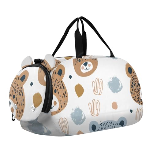 Duffle Bag Kids Gym Bag with Shoes Compartment & Wet Separation Overnight Travel Duffel Bag Animal Bear Heads for Girl Boy