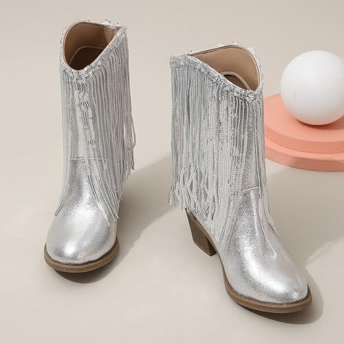 IWIHMIV Toddler Girls Cowboy Boots Kids Pointed Toe Western Boots Low Heels Tassel Mid Calf Riding Shoes3