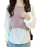 [Amulet] ボリュームスリーブ切り替えブラウス レディース トップス 長袖 春服 夏 秋 10代 20代 30代 韓国ファッション バイカラー 異素材 オフィスカジュアルvl-6184-pk-f