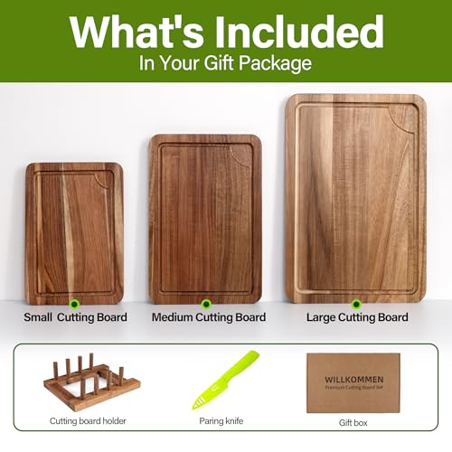 Taglieri in legno per cucina, set di taglieri in legno con scanalatura per succo, set di 3 taglieri (piccoli, medi e grandi), per salumi e macelleria per carne - immagine 3