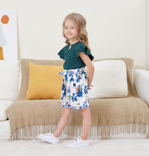 Image of Axumity Toddler Girl Clothes Outfits Tropical Print Short Sleeve Top + Belted Floral Shorts 2PC Summer Clothing Set(7-8T)