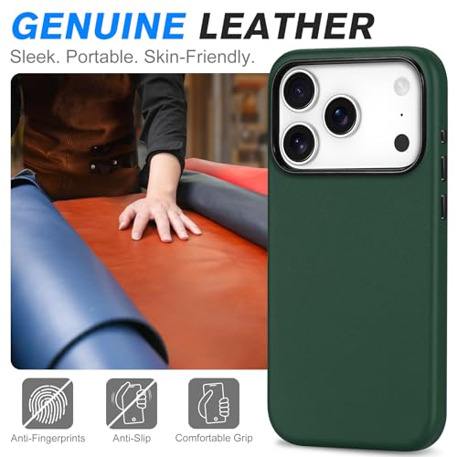 Image of SHIELDON Genuine Leather Case for iPhone 17 Pro 6.3 inch 2025, Midnight Green | Compatible with MagSafe, Magnetic Wireless Charging, Camera Button, Metal Buttons, Camera Bezel, Slim, Shockproof, Women Men