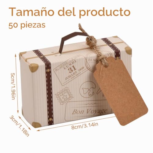 Miniatura 2 de Tibapla 50 Piezas Mini Maleta Caja De Regalos, 8 5 3 Cm Caja De Regalo De Dulces De Cartón Caja De Dulces Vintage Papel Kraft Con Etiquetas Y Hilo De Arpillera Para Bodas Viajes Fiesta