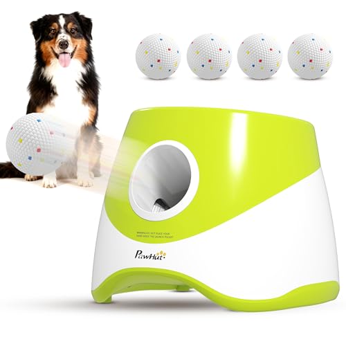 PawHut Automatic Dog Ball Launcher with 5 ETPU Tennis Balls, Dog Ball Thrower with 3 Distance Settings (20/33/46ft), Indoor Outdoor Interactive Toy for Small Medium Dogs, Green