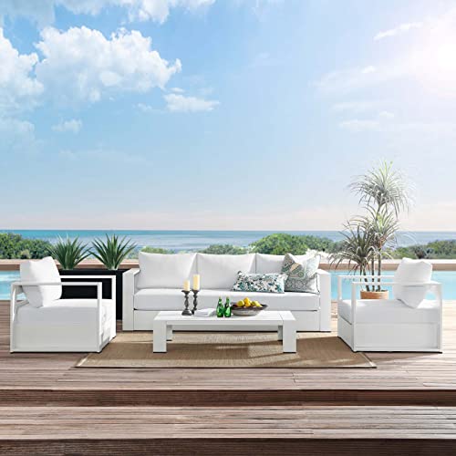 Image of Modway Tahoe 4-Piece Outdoor Patio Set, White, Armchairs, Sofa, Coffee Table