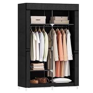 35.8 Inch Closet Wardrobe, Clothes Storage Organizer for Hanging Clothes with Cover, 2 Hanging rods, 5 Storage Shelves, Portable Closet for Bedroom 35.8 x 17.7 x 66 inches, Pure Black