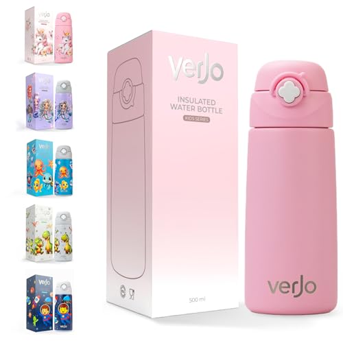 VERJO Kids Water Bottle | 500ml Insulated Stainless Steel Water Bottle for Kids with Straw | Leakproof BPAFree Reusable Bottle for School Travel Sports & Daily Hydration (PINK classic)