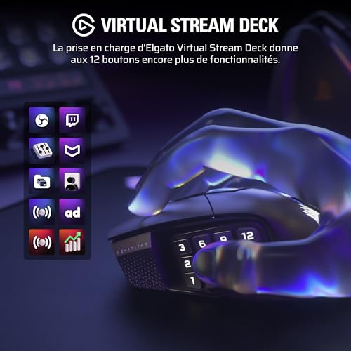 Corsair Scimitar Elite Wireless SE MMO Souris de Jeu – 33 000 DPI, 16 Boutons Programmables, Adjustable Key Slider™, Elgato Virtual Stream Deck, 1K Hyper-Polling, Jusqu'à 150h de Batterie – Gunmetal