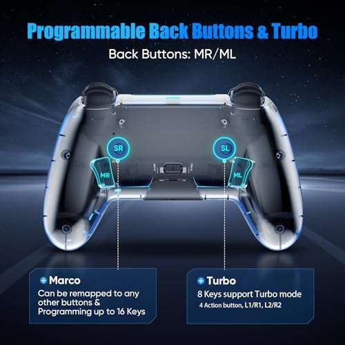 Image of BETMI Wireless Controller for PS5, Pro /Slim /MAC /Steam Deck /PC, Hall Effect Joystick, Dual Vibration /Macro /Turbo, 3.5mm Jack, 6-Axis, Mute Key, LED Gamepad with Speaker (4 Lighting Effects, 9 Light Colors)