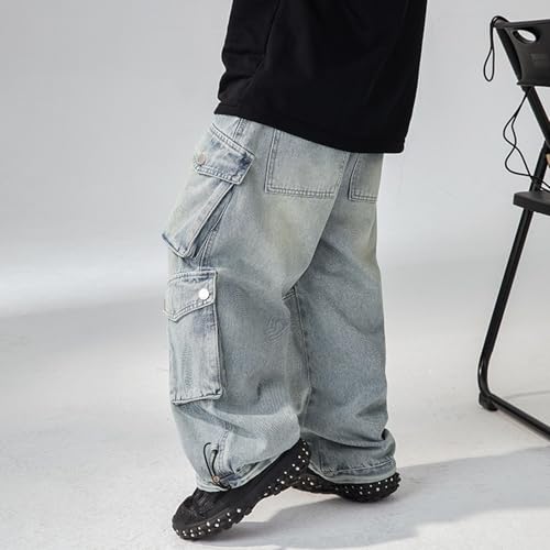 Boys Cargo Jeans Baggy Trousers Wide Leg Jeans Demin Pants with Pockets Kids Casual Distressed (Light Blue, 11-12 Years)2