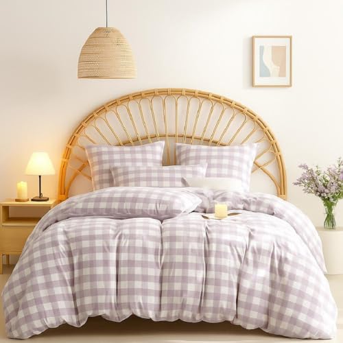 Lanqinglv Doppelte Musselin Bettwäsche 200x200 cm Baumwolle,Leinenoptik ÖKO-TEX Bettwäsche mit Lila Weiß Kariert Muster mit Reißverschluss und 2...