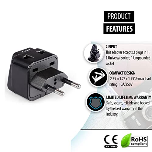 Image of OREI Europe Adapter Set - Schuko Type E /F, Type C - Universal to Europe Travel Adapter - 2 in 1 - CE Certified - RoHS Compliant - Works in Most of Europe, Albania, Austria, Belgium, Greece