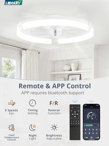 Image of LEDIARY 2 Pack 20 inch Ceiling Fans with Lights and Remote, Low Profile Ceiling Fan, 3 CCT, Stepless Dimmable, Fandelier Flush Mount Fan Light, 6 Speeds, DC Motor, App & Remote Control for Bedroom(White)
