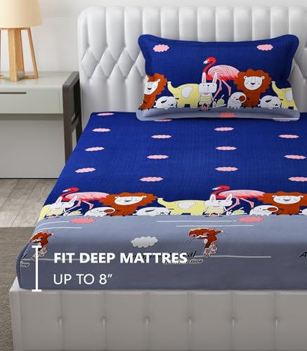 Image of Filymore Animal Carnival Elastic Fitted bedsheet for Kids Room Single Bed 240 TC Soft Microfiber 1 bedsheet and 1 Pillow Covers (Size 72 x 36 inches) fit up to 6 inches Mattress(Color-Blue and Grey)