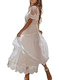 AZOKOE Women Button V Neck Short Sleeve Floral Lace Wedding Dress Bridesmaid Cocktail Party Maxi Dresses White L