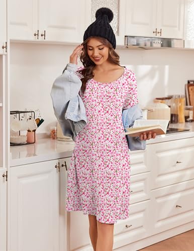 Image of Ekouaer Womens Nightgown Short Sleeve Night Dress Printed Sleepwear Soft Sleep Shirt S-3XL