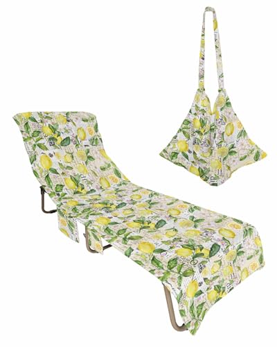 Summer Lemon Beach Lounge Chair Towel Cover, Soft Chaise Lounge Towel with Side Pockets Patio Pool Chairs Cover for Beach/Pool Sunbathing 29x85 Rustic Yellow Lemon Watercolor Botanical
