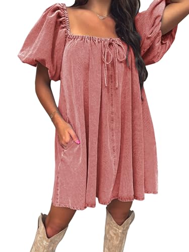 EXLURA Womens Summer Denim Short Puff Sleeve Dresses Knit Loose