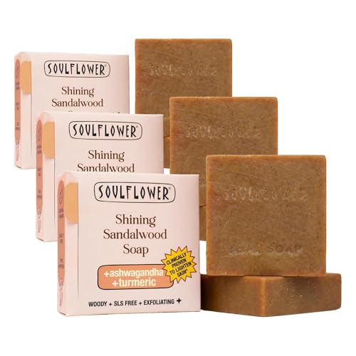 Image of Soulflower Shining Sandalwood Soap For Daily Cleansing | Tan Removal & Skin Brightening Natural Bathing Bar For Hard Water With Ashwagandha, Tulsi, Neem & Shea Butter | Controls Acne & Pimples | 100g