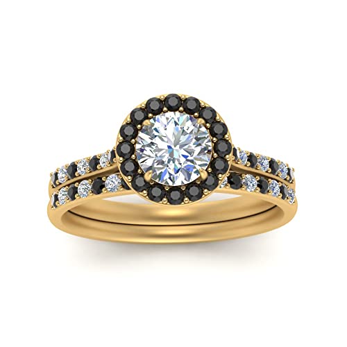 Image of Choose Your Gemstone Round Halo Ring with Matching Pave Band Yellow Gold Plated Round Shape Wedding Ring Sets Everyday Jewelry Wedding Jewelry Handmade Gifts for Wife US Size 4 to 12