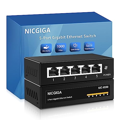 Nicgiga Switch Gigabit Ethernet A 5 Porte Non Gestito, Splitter Ethernet Di Rete, Montaggio Da Tavolo O A Parete, Senza Ventola, Plug And Play, Allogg
