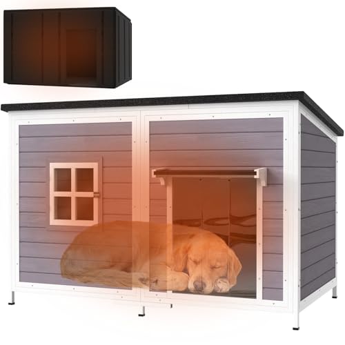 HomeSheek Outdoor Dog House with Insulated Liner, 59" Extra Large Breed Dog Kennel, Keep Warm in Winter Outside, Heated Anti-Chewing Metal Frame Design for Small Medium Large Dogs(Grey)