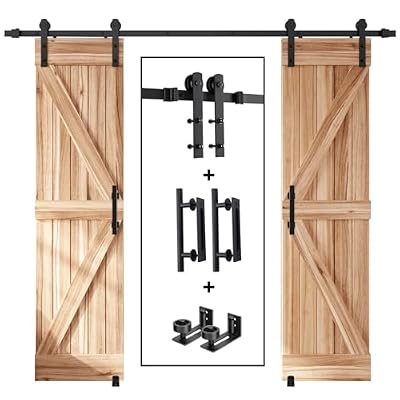 EaseLife 8 FT Double Sliding Barn Door Track and Handle Hardware Kit,Heavy Duty,Straight Pulley,Slide Smoothly Quietly,Easy Install (8FT Track Kit for 20"~24" Wide Double Door)