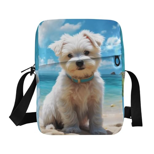 Crossbody Sling Bag for Women Men, Zipper Closure Messenger Bags White Dog Beach Print with Card Phone Passport Compartment 6.6×9.4×2.5 IN