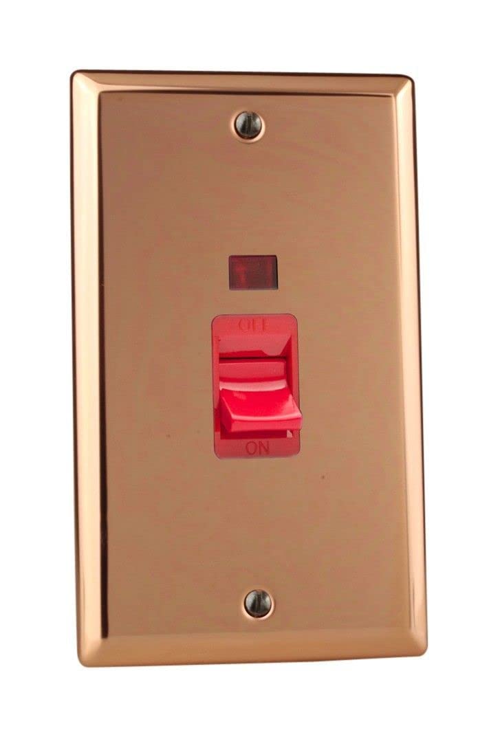 Varilight 45A Cooker Switch + Neon (Vertical Twin Plate, Red Rocker) Polished Copper