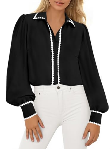PRETTYGARDEN Womens Long Sleeve Button Down Shirts 2025 Trendy V Neck Loose Fit Fall Tops Collared Dressy Casual Blouses
