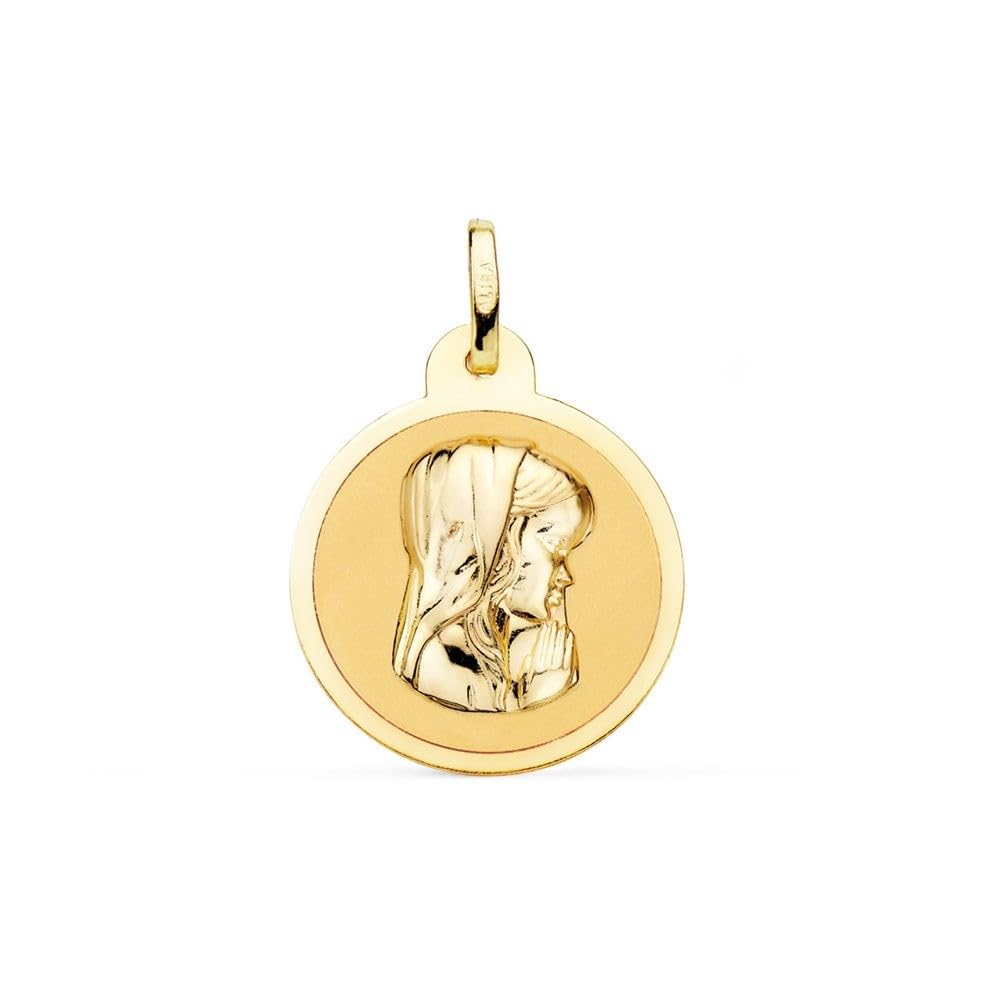 Virgen Niña Medalla Oro 18k Primera Comunión de 20mm. en brillo. Grabación incluida en el precio - Personalizable - GRABACIÓN INCLUIDA EN EL PRECIO