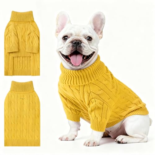 Image of Small Dog Thermal Pullover Sweater, Classic Turtleneck Cable Knitwear Dog Clothes for Cold Weather Warm Pet Clothes for Chihuahua, Bulldog, Dachshund, Pug Yellow Large