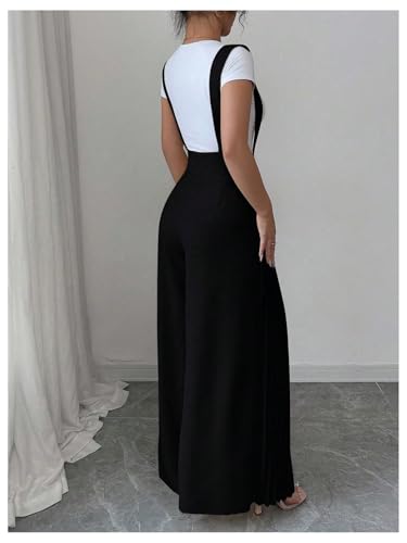 Floerns Women's Suspender Pants Elastic Waist Pleated Wide Leg Overall Jumpsuit3
