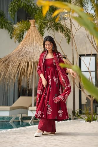 Image of ANNI Designer Women's Rayon Blend Anarkali Printed Kurta with Pant & Dupatta | Ethnic Kurta Pant Dupatta Set for Women | Traditional Indian Wear Outfit