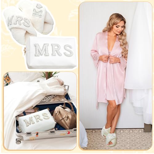 Image of Xtinmee Personalized Initial Wedding Bride Slipper Mrs Pearl Letter Makeup Bag Bachelorette Party Bridal Shower Wedding Gifts(K)