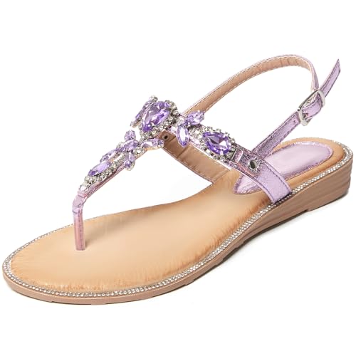 Image of iCKER Women Rhinestone Sandals T-Strap Buckle Bohemian Pearl Crystal Flat Sandals