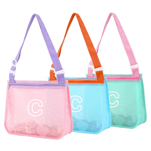 3Pcs Personalized Kids Beach Shell Bag, Initial Seashell Mesh Zipper Beach Pouch, Shell Collecting Bag for Holding Shells with Adjustable Straps, Sand Toys Swim Pouch Gift for Girl Boy Teens(Letter C)