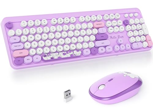 Image of Fogruaden Wireless Keyboard and Mouse Combo 2.4GHz Retro Typewriter Keyboard, 104 Keys Full Size Round Keycap Cute Keyboard and Mouse with Number Pad, Purple Colorful Keyboard for Windows PC Laptop