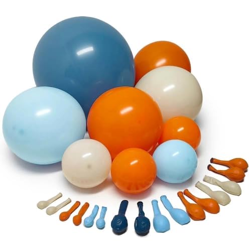 Image of Blue Orange White Balloon Arch Double Stuffed Balloon Kit for Fall Party | Orange Dusty Blue Sand White Balloon Garland for Autumn Baby Shower Cow Boy Girl Sport Party Decor