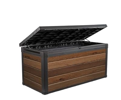 Keter Signature Collection 150 Gallon Resin Deck Box Organization and Storage Box for Patio Outdoor Cushions, Throw Pillows, Garden Tools and Pool Supplies, Walnut