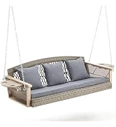 HOMREST 3-Person Porch Swing 55in Wicker Hanging Swing Bench with Cushions Cupholders Swing Chair...