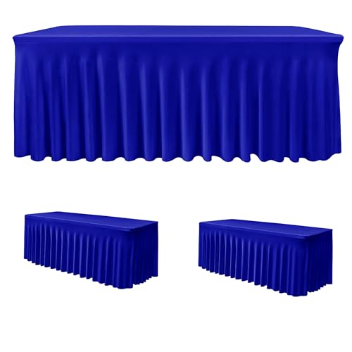 Image of HolidayIdeas Royal Blue Spandex Table Skirts for Rectangle Tables 6ft, Fitted Stretch Table Cover 30x72 Inch, Wrinkle-Free Ruffle Design Tablecloths for Banquets,Trade Shows, Parties, Events, 2 Pack