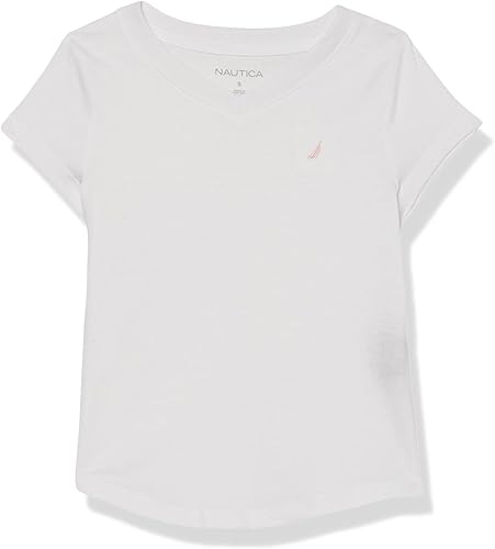 Nautica Camiseta de manga corta con cuello en V para niña, camiseta de mezcla de algodón sólido con interior sin etiqueta