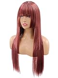 PORT&LOTUS Red Wigs for Women Cosplay Wig Synthetic Long Hair Wig Straight Wig with Bangs Hime Cut Layered Wig Style of Lolita Wig with Wig Cap for Daily Wear Burgundy (26inch)