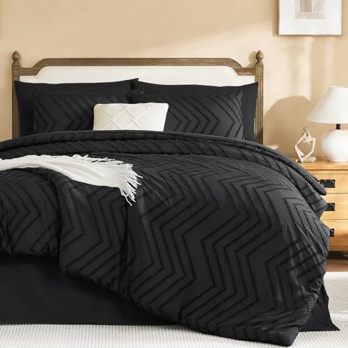 Image of Litanika Black Queen Size Comforter Set with Sheets - 7 Pieces Bed in a Bag Queen Tufted Complete Bedding Sets with Comforter, Sheets, Pillowcases & Shams