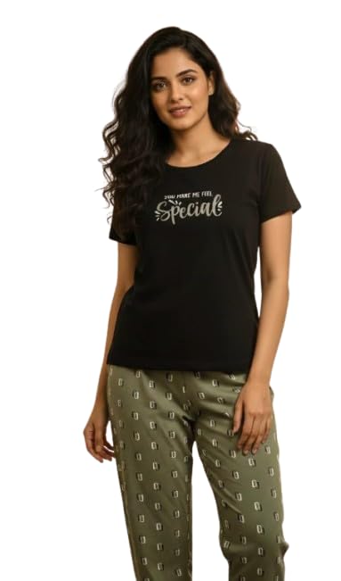 Women's Pajama Set with Graphic Print T-Shirt and Patterned Pants, Black and Olive Green, Cotton Blend, Regular Fit, 2 Piece Loungewear Sleepwear-picture-39